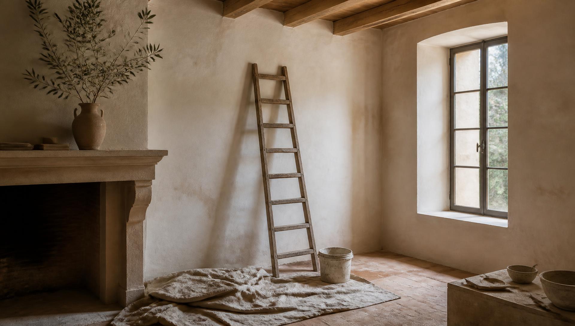 Stanza in calce chiara durante una trasformazione: scala in legno, telo di lino, vaso di argilla con rami d'ulivo