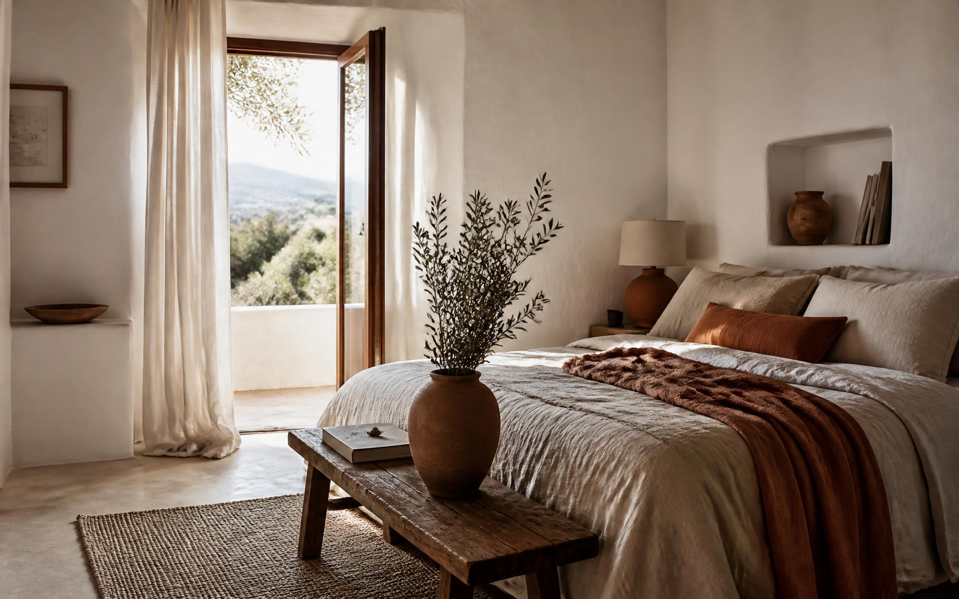 Camera da letto in stile mediterraneo con lino, legno e terracotta, luce naturale morbida