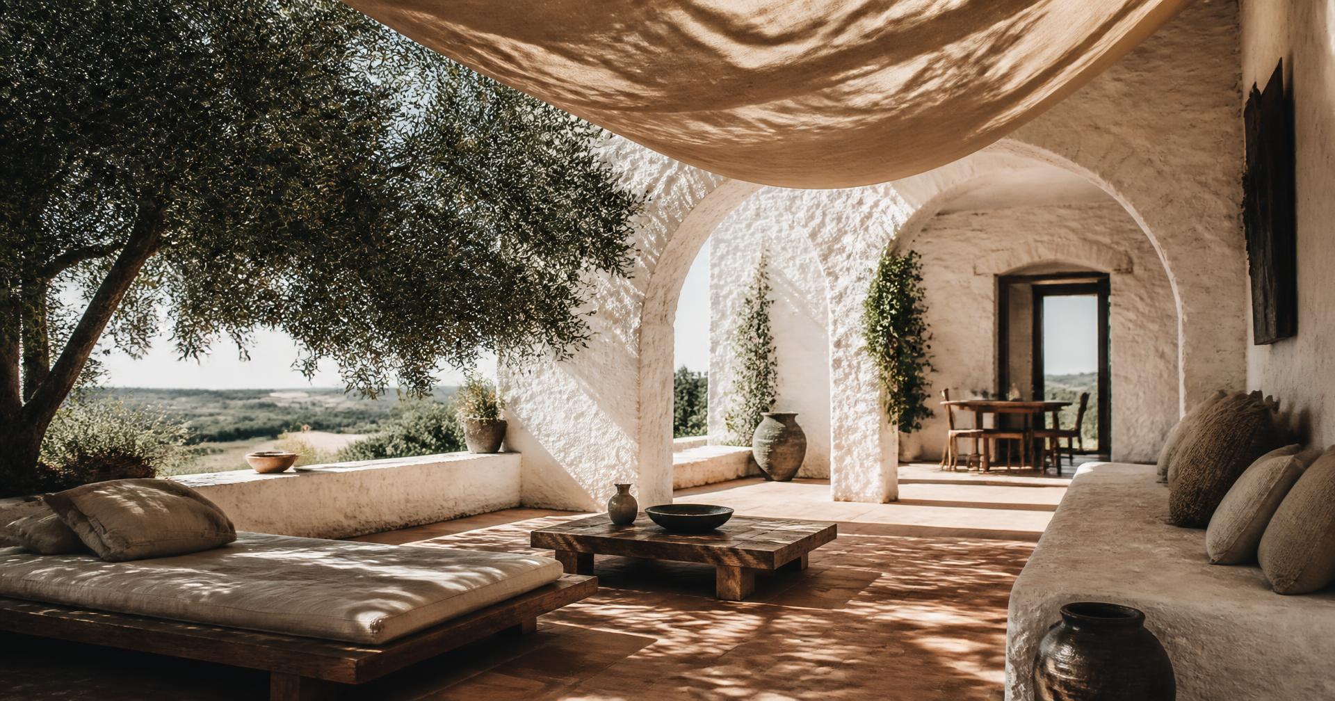 Terrazza rustica con archi imbiancati, tessuti di lino e ombre di ulivo